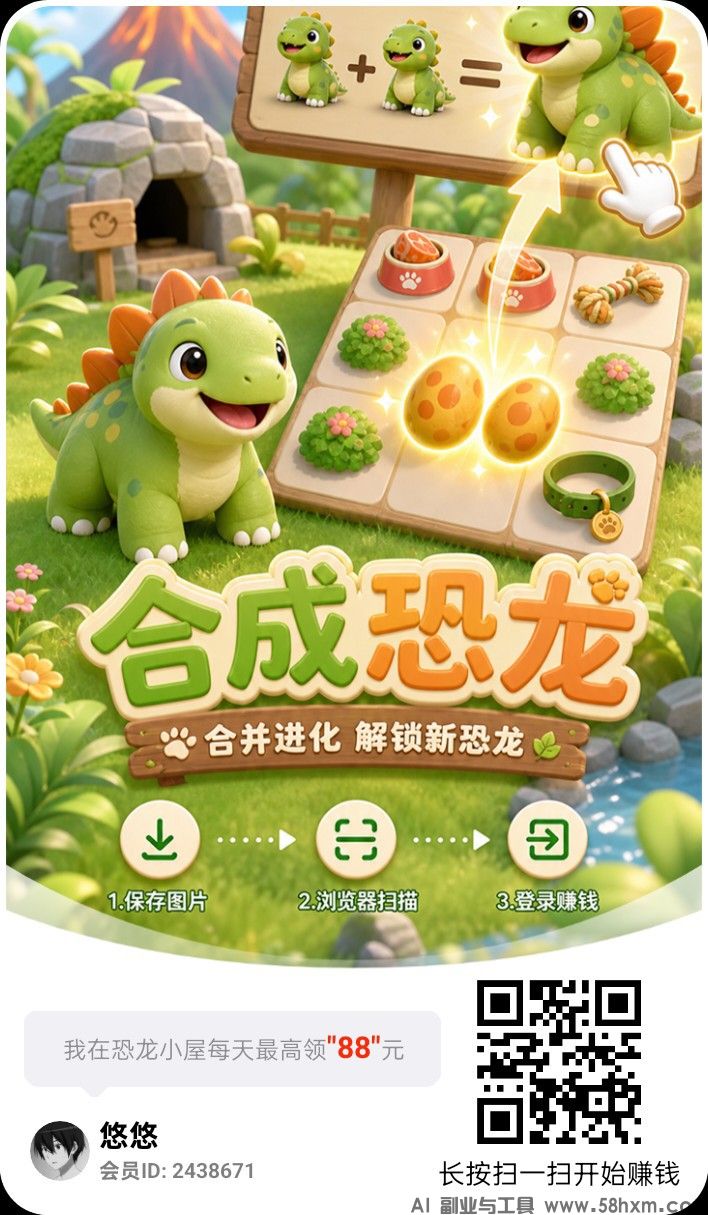 恐龙小屋,零撸合成广赚,保底收益,放水中,新品上线,